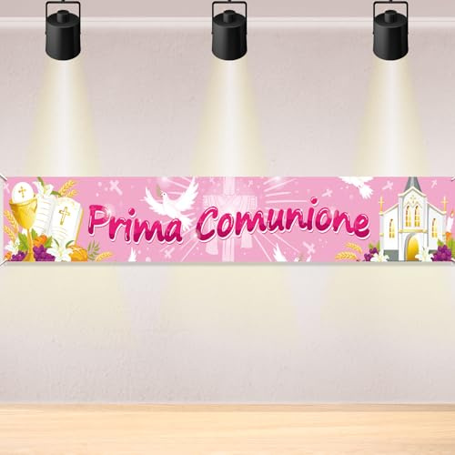 DPKOW Rosa Prima Comunione Striscione Decorazione per Ragazza, Rosa Ragazza Prima Comunione Addobbi Striscione per Esterno Giardino Decorazione, 260 x 40cm
