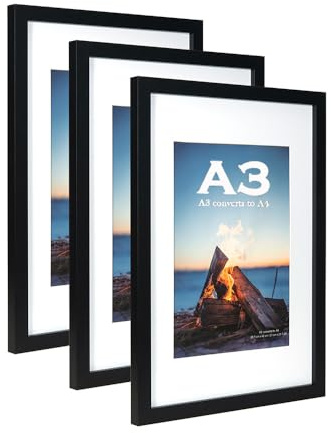 Bilderrahmen aus Holz, A3, mit Passepartout, für A4-Bilder oder Zertifikate, Wandmontage, Schwarz, 3 Stück