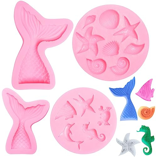 TOPBELIEF Silikonformar med sjöjungfrustema för tårtor, 4 st silikonform för havsdjur, fondantform, sjöjungfrustjärtform, 3d djur hav kakform, kakform, choklad, godis