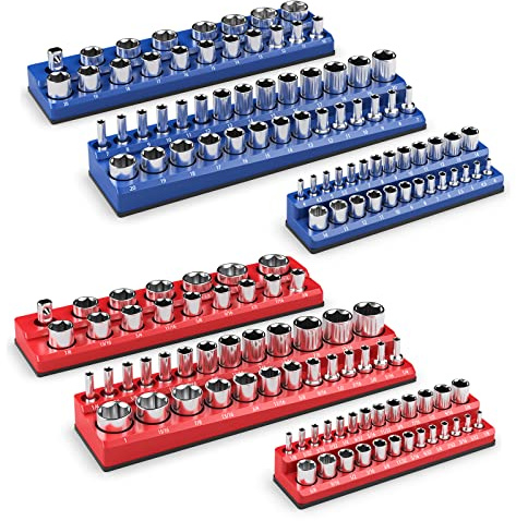 COSTWAY 6 Stk. Steckschlüssel Halter magnetisch, 1/2-Zoll-, 3/8-Zoll- und 1/4-Zoll, Aufsteckschiene für Stecknüsse, Steckschlüsselsatz Schiene Halterung, Rot in Zoll (SAE), Blau in mm (Metrisch)