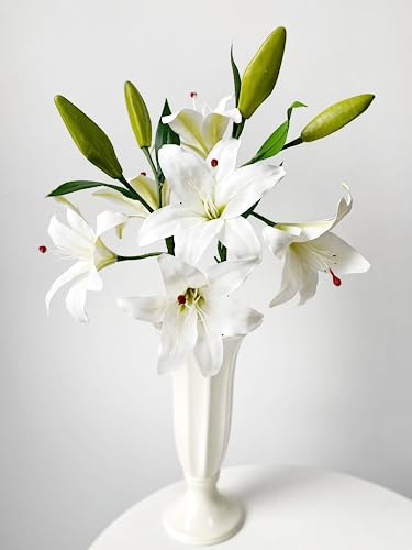 JINWOE 2 Pcs White Stargazer Lily Artificial Flowers, 28 Long Stem Faux Latex Tiger Lily for Home Garden Kitchen Table Flower Arrangement Decor
