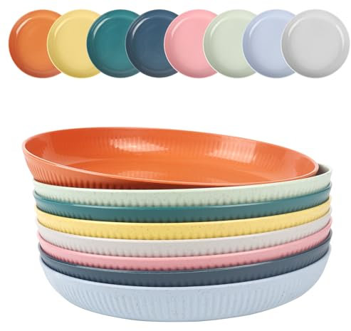 PullinTimes Lot de 8 Assiettes en plastique,22.5CM,Assiettes à Dîner Plastique Réutilisables,Assiettes au Lave-Vaisselle et au Micro-Ondes pour Pizza, Pâtes, Gâteaux, Camping, Pique-nique,8 Colori