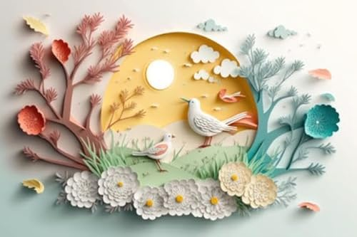 Acryl-Bild 50 x 30 cm: Naturpflanzen und Vögel der Frühlingssaison auf weißem Hintergrund in Pastellfarben und Papierhandwerksstil. (200532071)