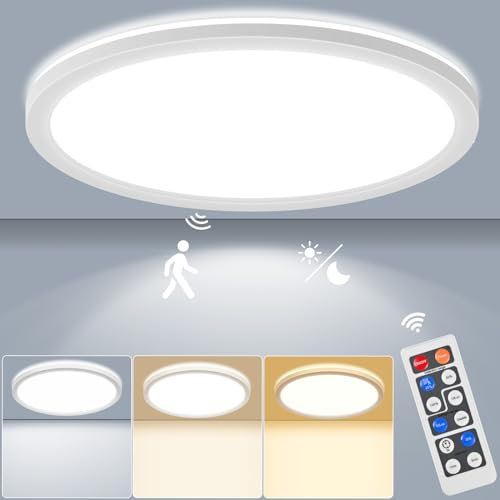 LEZOE LED Deckenleuchte mit Bewegungsmelder Dimmbar, 24W 2400LM Radar Sesor Deckenlampe Dimmbar, 3000K/4000K/6500K IP54 Sensorlampe Für Badezimmer, Garage, Treppen, Keller, Flur, Balkon, Diele 30cm