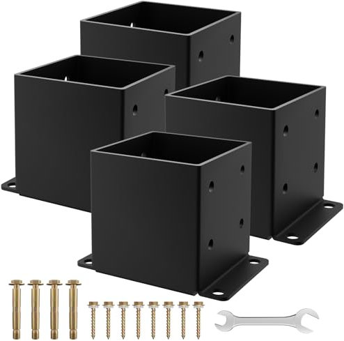 AOSTD 15,2 x 15,2 cm Pfostensockel - Innengröße 14 x 14 cm Holzzaunpfostenanker – 13 Gauge robuster massiver Stahl schwarz pulverbeschichtete Geländerpfostenhalterungen für Stützdeck, Pergola –