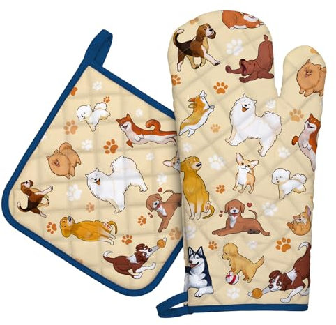 Arquiel Gants De Four & Maniques Lot De 2, 100% Coton Maniques Cuisine Gant Four Anti Chaleur Extra-Longue pour Barbecue, Cuisine, Griller, Micro-Ondes(Chien de Dessin animé)