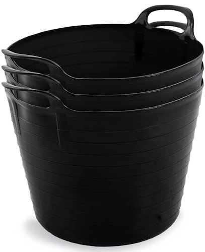 Neat Plastics 42L Flexi Tubs - 3 Pack Large Garden Tubs with Handles, Heavy Duty, Ideal Bath & Garden Bucket, Durable Flexible Bucket (Black)