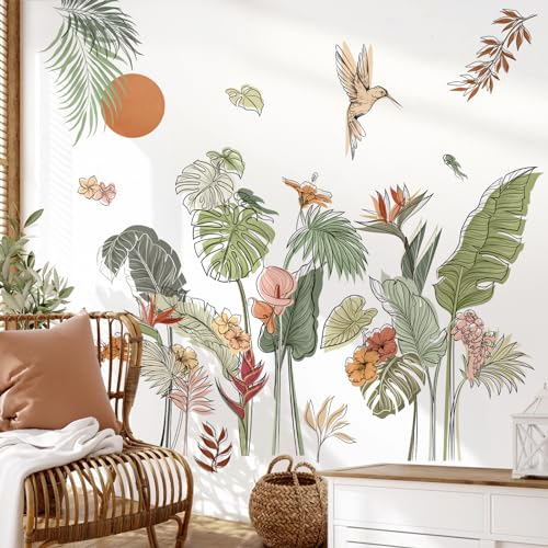 decalmile Boho Tropical Leaves Flower Wall Decals Bohemian Floral Plants Sun Wall Stickers Bedroom Living Room Office Wall Decor