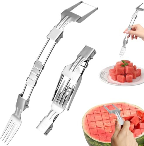 Cortador de sandía de 2 piezas, cortador de frutas de acero inoxidable cortador de frutas 2 en 1 cortador de sandía portátil para, herramienta cortadora de sandía cuchillo de sandía de doble cabeza