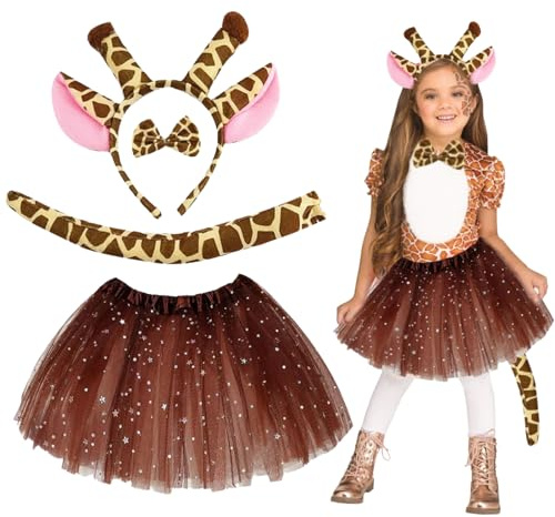 TYXHXTF 4-delad giraffdräkt för barn, cosplay-djur, utklädning, tutu-kjol med fjärilsrosett, svans och växthus, huvud, för halloween, karneval, temafester