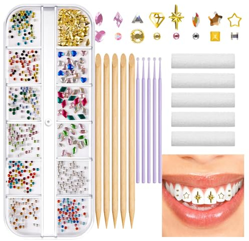 Zahnschmuck-Set – Zahnschmuck mit Zahnsteinen, Kristall, reflektierender Kristall, Zahn-Set, funkelnd, 12 Stile, reflektierende Zähne für Halloween- -Dekorationen