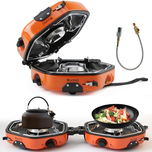QSMYUYE 2 Burner Camping Stove Gas Portable, Foldable Camping Gas Stove with 17000 BTU Adjustable Burners & Piezo Ignition, for Camping, BBQ, Emergency Cooking