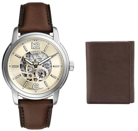Fossil Herren Everett Braune Leder-Uhr und Ingram Geldbörse, Set