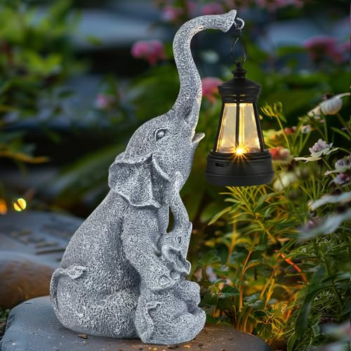 GuKKK Decoración de Estatuas de Elefante de Jardín con Lámpara Solar, Estatua Solar de Jardín con Leds, Decoración de Jardín para Exteriores, Regalo San Valentín para Mujeres/Mamá, para Patio, Jardín