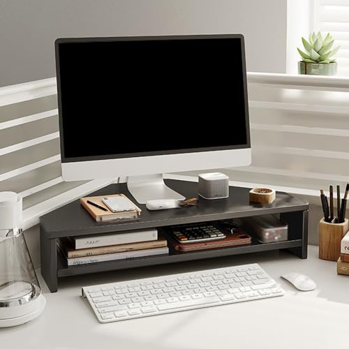 Wooden Corner Computer Monitor Stand 2 Tier Office Organizer Rack with Storage Triangular Monitor Shelf Riser Lifting Tablet Holder Black Color