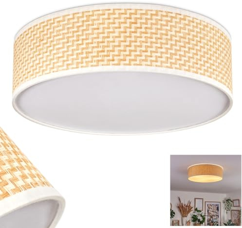 HOFSTEIN Deckenleuchte Antillo, Deckenlampe aus Metall/Papiergeflecht/Kunststoff in Nickel-matt/Natur/Weiß, runde Leuchte im Boho-Design (Ø 40 cm), E27, Esszimmer, Wohnzimmer, Schlafzimmer, Küche