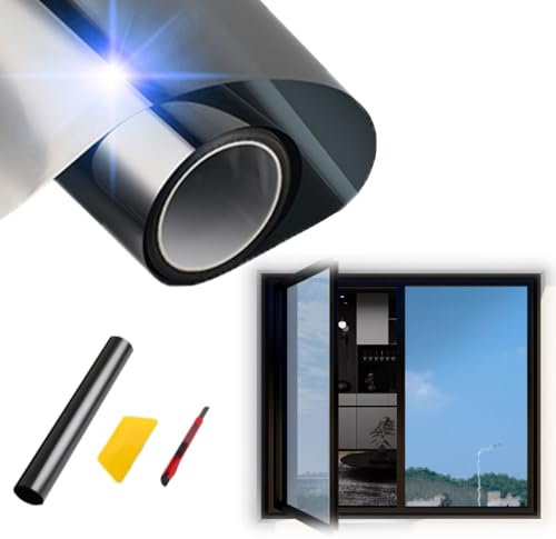 UV-Schutz Spiegelfolie Selbstklebend Sonnenschutzfolie, Sichtschutz Tönungsfolie, Rückstandslose Thermofolie Fenster Gegen Hitze, Fensteraufkleber, Kratzfest, Hohe Privatsphäre, Schwarz, 40x200cm(30*8