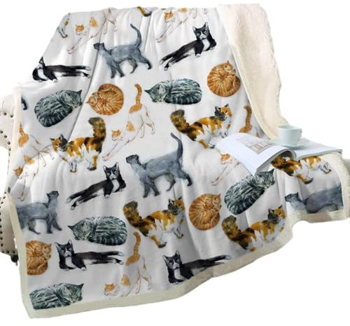 Schwarze Katzendruck Wohndecke Kuscheldecken Sanft Flanell Weich Fleecedecke Bettüberwurf Für Kinder Mädchen Katzen Muster Flanell Fleecedecke Decke Süße Katzen (Farbe 5#,150 * 220 cm)