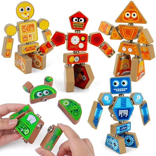 Coogam Snap Together Robot Builders for Toddlers | Wooden Take Apart Robot Build Block Playset, Fine Motor Skill STEM Educational Montessori Toy Gift for 3 4 5 Years Old Kids