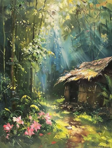 AYAOYANGGO 11CT Kreuzstich Set Stickset Wald In Der Sonne，Fantasielandschaft，Kreuzstich-Set Für Erwachsene Mit Nadeln，Schereneinfädler，Vordruck Für Die Wanddekoration Zu Hause 40x50cm