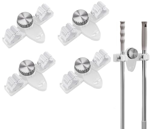 Besenhalterung Wand Saugnapf, 2 Stück Gartengerätehalter Ohne Bohre, Gerätehalter Zum Aufhängen von 2 Wischmopps, Mopphalter mit Haken, Werkzeug Wandhalterung für Wischmopp, Besen, Schaufel (Weiß*4)