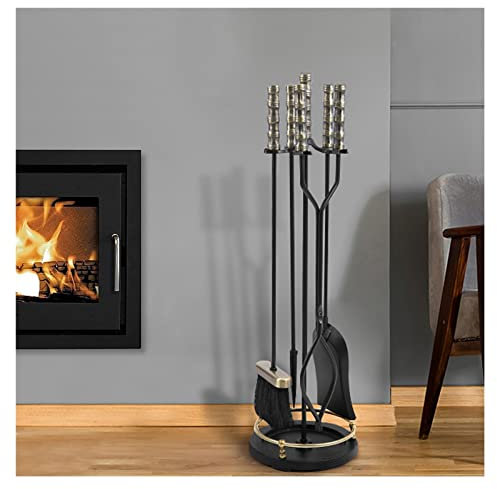 Juego de herramientas para chimenea, juego de 5 piezas de hierro forjado con asas antiquemaduras y base redonda antigua, diseño independiente para sala de estar