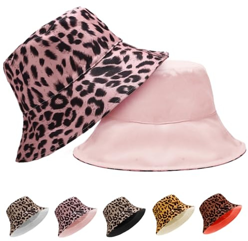 XIEXIESHER Reversibler Leopardenmuster Bucket Hat Faltbar für Damen, Frauen Bucket Hat, Herren Sommer Sonnenhut mit Sonnenschutz für Urlaub, Wandern, Strand, Einkaufen (Rosa)