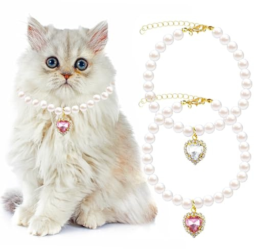 2 Collares de Perlas para Gatos y Perros, Lindo Collar de Gato con Colgante de Diamantes de Imitación en Forma de corazón Collar de Perlas Ajustable para Mascotas para la Mayoría de Gatitos Cachorros