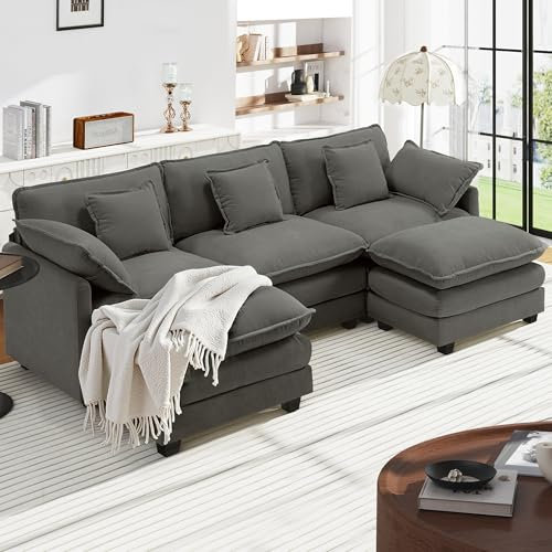 Urhanherry U-Form Cloud Sofa, Modulares Sektionssofa 5-Sitzer mit 2 Ottomanen, Modernes Sofa mit Armlehnen/Dekokissen, Atmungsaktivem Chenille-Stoff, U Sofa Couch für Wohnzimmer, Dunkelgrau