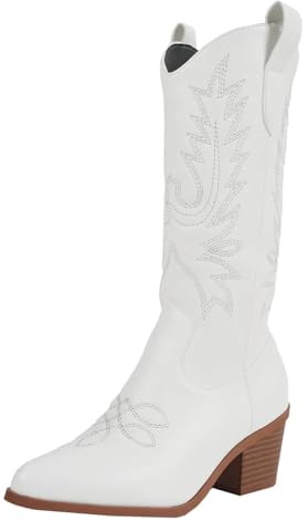 YXADGML Camperos Texani Donna Stivali a metà Polpaccio for Donna, Stivali da Cowgirl Western Ricamati alla Moda, Stile Vintage, Stivali con Tacchi Alti Bianchi(White,38)
