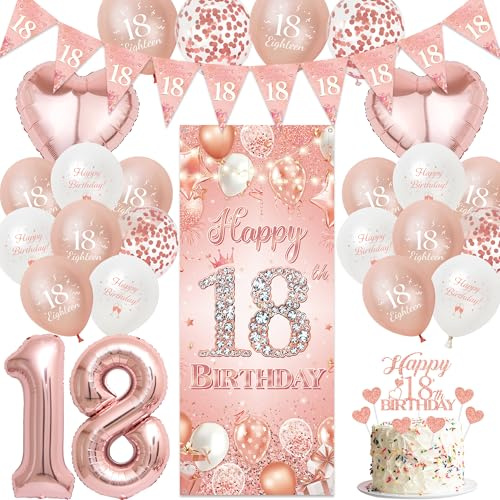 Sroeeshee 18th Birthday Decoration for Women - Rose Gold Happy 18th Birthday Banner Heart Balloons Triangle Flags, Number 18 Balloon Fabric Backdrop Cake Topper Eighteen Years Old Party Decorations