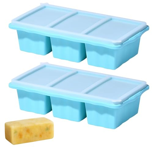 DNSHAN 2 Pack Silicone Freezer Tray for Soup Ice Cubes,1-Cup Soup Freezer Molds with Lid for Meal Prep, Makes 6 1-Cup Portion Freeze Trays for Storing 250mL/125mL Broth, Batch Cooking and More(Blue)