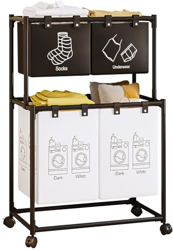 Wäschekorb, Wäschesammler mit Ablage Scrollrad und herausziehbaren Säcken, Wäschebox, Wäsche sortiersystem, Waschesammelbox für Schlafzimmer Badezimmer, Wohnungs Zubehör (4 fächer mit Rad)