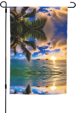 Tropische Hawaii-Palme, Ozean, Meer, Sonnenuntergang, 45 x 30 cm, dekorative Outdoor-Flagge, Polyester, Outdoor-Flagge, perfekt für Garten oder Terrasse