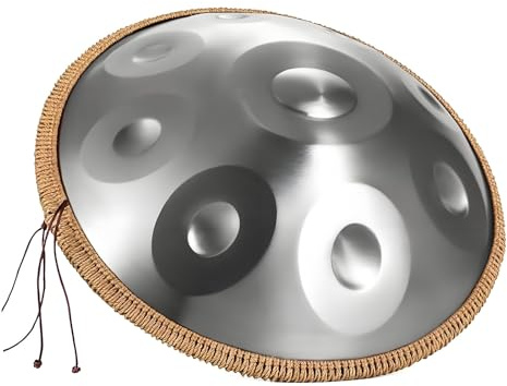 Handpan Music Instrument Handpan Drum 440 Hz 9/10/12 Töne 56cm Steel Hand Pan Mit Ständer, Tasche Schlägeln für Anfänger, Profis, Musiktherapie(Silber,9-Noten)
