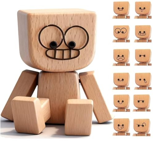 Wackelnder Holzmann,Wackelnde Holzfigur,Schüttelnde Holzmann-Figur mit 12 Ausdrücke Schwankt,Charmante Kleine Holzfigur,Schüttelmann aus Holz für Armaturenbrett Autozubehör Schreibtisch Deko