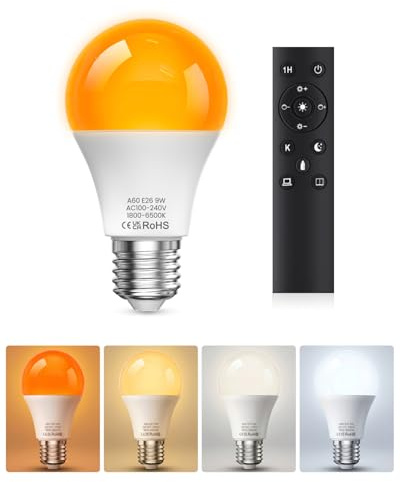 E27 LED Light Bulbs with Remote Control, Amber Light Bulbs 9W 60W Equivalent Warm Light Bulbs, 1800K-6500K Dimmable Remote Control Bulb for Bedroom, Nursery, Reading & Sleep Health, 1Bulb & 1Remote