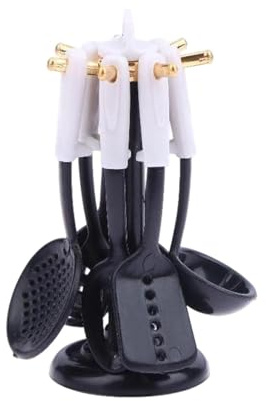 Ensemble d'ustensiles de cuisine 7 pièces avec support de rangement, kit d'outils de cuisine miniatures pour maison de poupées et objets de collection - Noir et blanc
