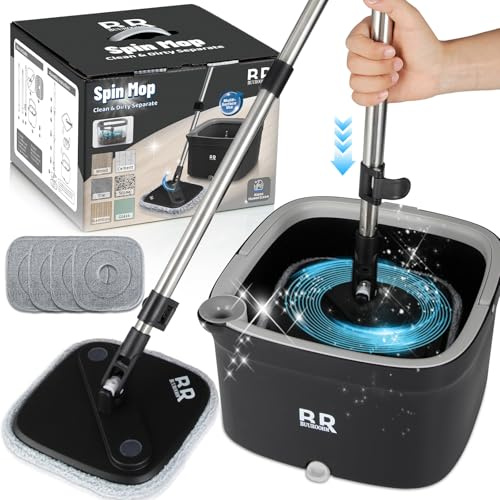 Spin Mop Bucket Set with Spin 360 Wringer and 4 Microfiber Mop Pad Head Telescopic Easy Press Handle with Spin Dry Cleaning Caddy Set-Microfiber Home Cleaning Clean Floor