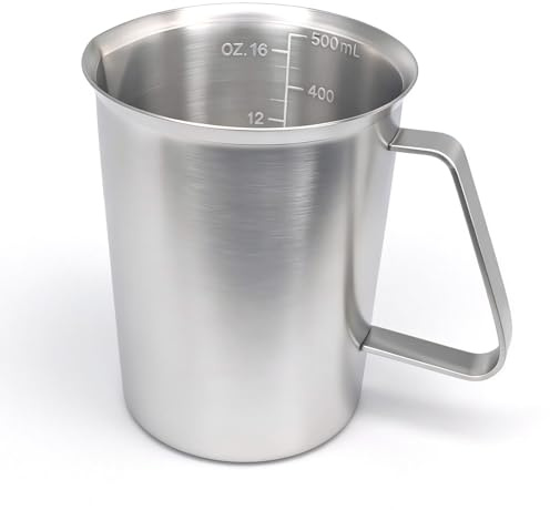 XSHAO® Messbecher Edelstahl, Edelstahl Kanne 500ml mit ML und OZ Messbecher Metall mit Griff und Ausgießlippe für Küchen Bars Milchtee-Läden Cafés Partyorten