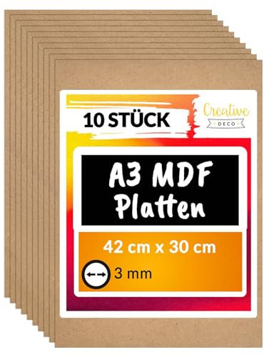 Creative Deco 10 x A3 MDF Pannelli in Legno Fogli | 420 x 300 x 3 mm | Legno Fai da Te Perfetto per Taglio Laser, CNC Router, Modellare, Traforato