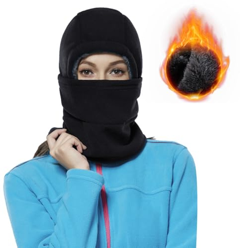 Achiou Balaclava Fleece Hood for Women Kids Thick Ski Face Mask Hat Cold Weather Winter Warmer Windproof Adjustable Cycling - BLACK - Adult