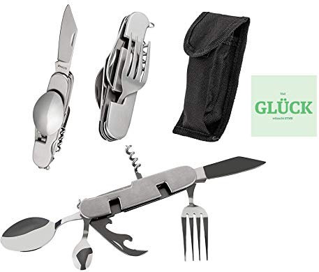 6 in1 Campingbesteck Klappbesteck mit Gürteltasche, super kompakt nur 170gr+ gratis Glück Aufkleber
