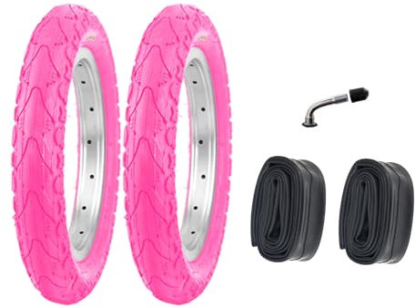 P4B | 2X 12 Zoll Kinderreifen (62-203) | 12 1/2 x 2 1/4 | Laufradreifen mit Breiten Mittelsteg für mehr Stabilität beim Fahren | Ohne Felgen!! (E) Pink mit AV Schläuchen