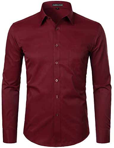 PARKLEES Camicia da uomo a manica lunga, tinta unita, Slim Fit, casual, da lavoro, formale, con bottone e tasca, L