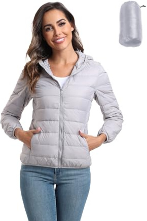 Valennia Women's Short Down Coat Packable Puffer Jacket With Hooded Winter Ultra Light Outerwear Silver M