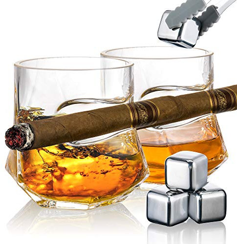 Zigarren Whiskygläser,mit Zigarrenhalter 2er-Set,Zigarren-Zubehör,Kristall-Whisky-Glas-Set mit Zigarrenablage, Rocks-Glas,für Cocktails,Scotch,Bourbon,Geschenke für Männer(300ml)