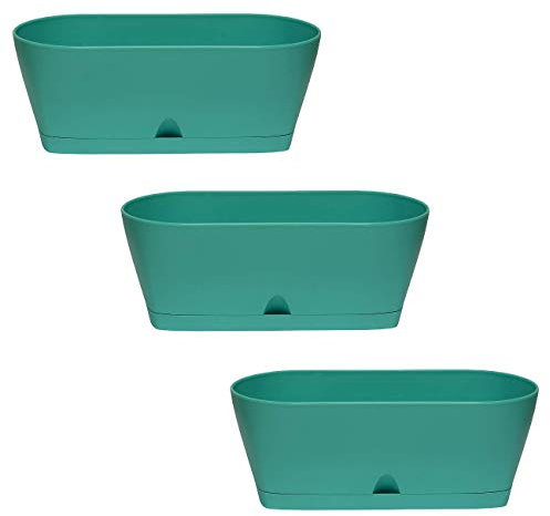 3X Blumenkasten Balkonkasten Pflanztopf für Garten Balkon und Tischdeko mit Wasserauffangschale für Innen- und Außenbereich 1,7l Mint grün