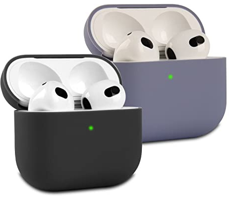 2 Stück KOKOKA Silikon Hülle Kompatibel mit Airpods 3rd Generation Case und Schutzhülle für AirPods 3, Stoßfeste Weiche Dünne Case für Airpods 3, Front-LED Sichtbar, Schwarz/Lavender Grey