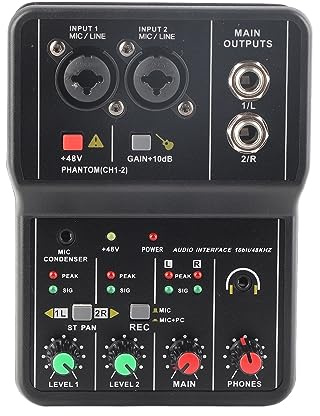 ASHATA 2 Channels Audio Mixer, Sound Card USB 48V Phantom Power Compact Sound Mixing Console, USB Soundcard for PC Recording for Music Recording Home Karaoke Internet Karaoke
